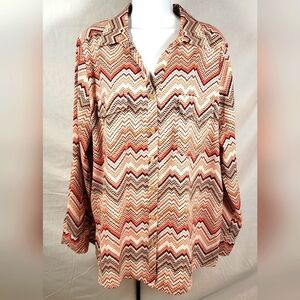 ELEMENTZ Orange Print V-Neck Button Up Blouse - Size 2X or Size 18